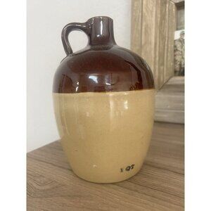 Brown & Tan Clay Glaze 7 in. Whiskey Jug Vintage USA 1 Qt. Antique